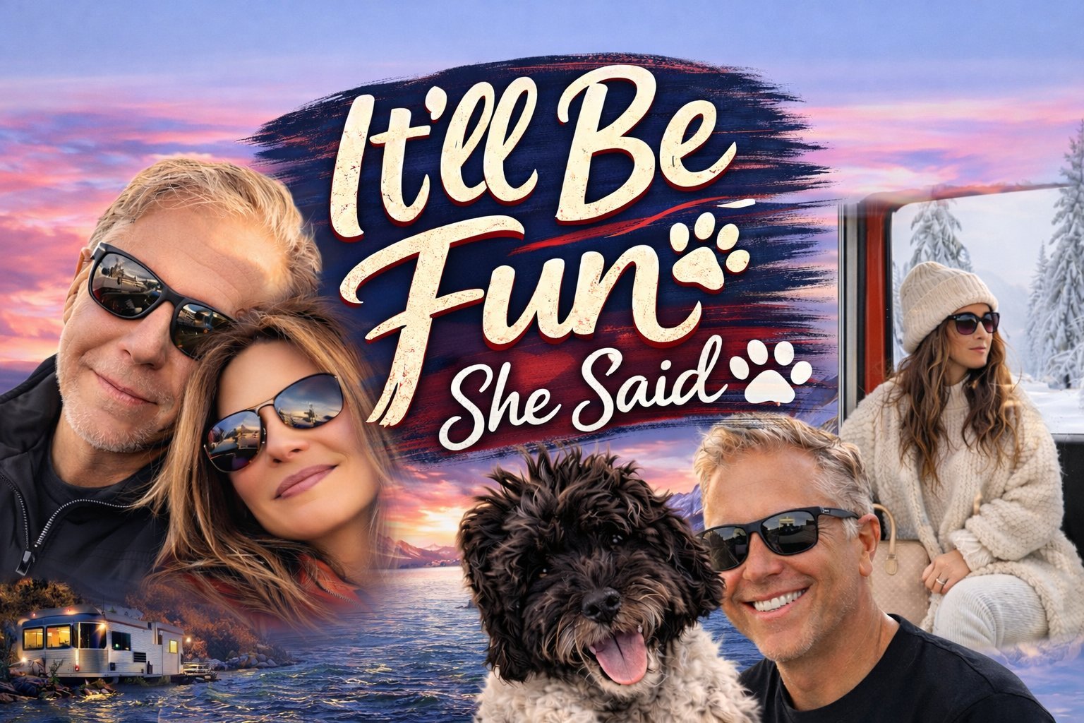 Group of people wearing sunglasses with a dog and text reading Itll Be Fun She Said overlaid on a scenic sunset background